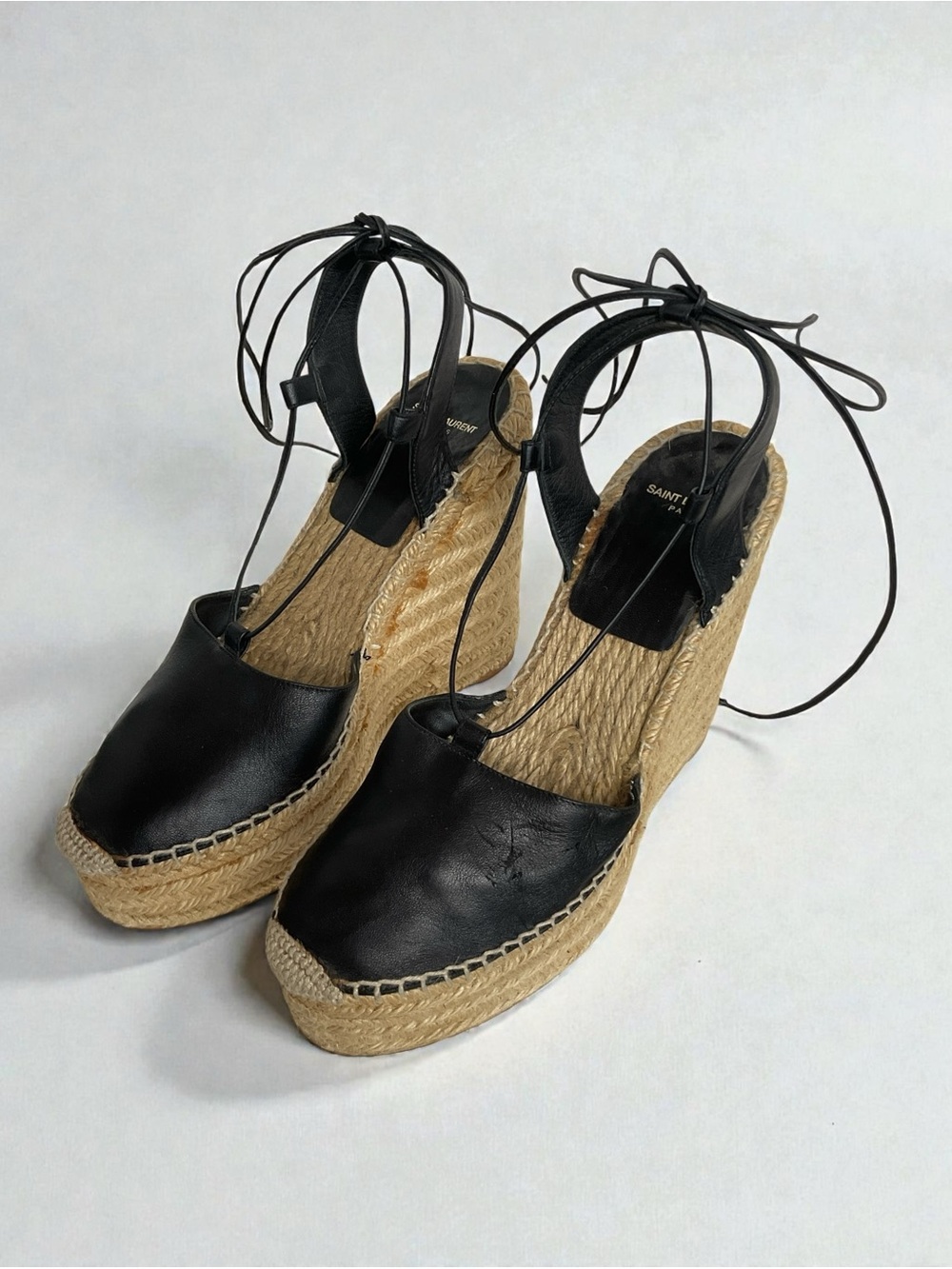 Saint Laurent Black Leather Espadrille Wedge Sandals with Ankle Tie